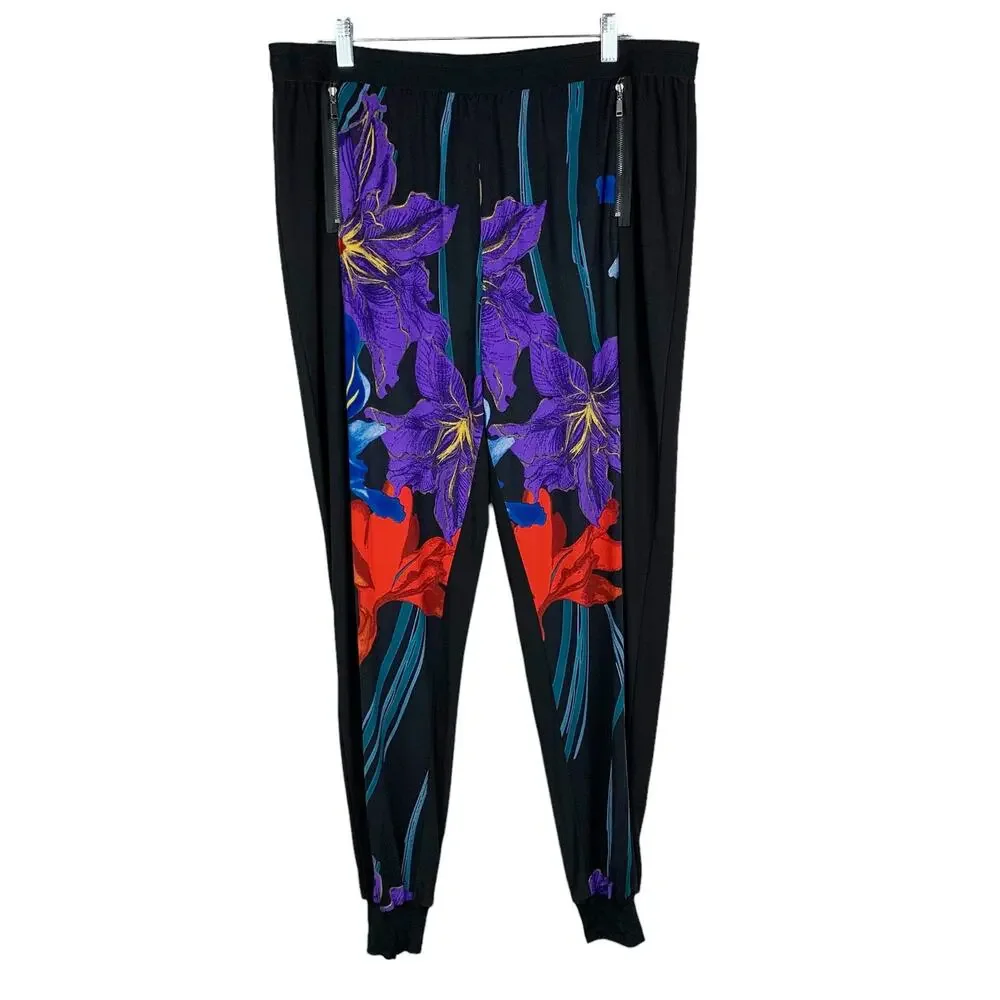 Elie Tahari Pants Black Floral Colorful Jogger Style Pull On Art Women’s XL